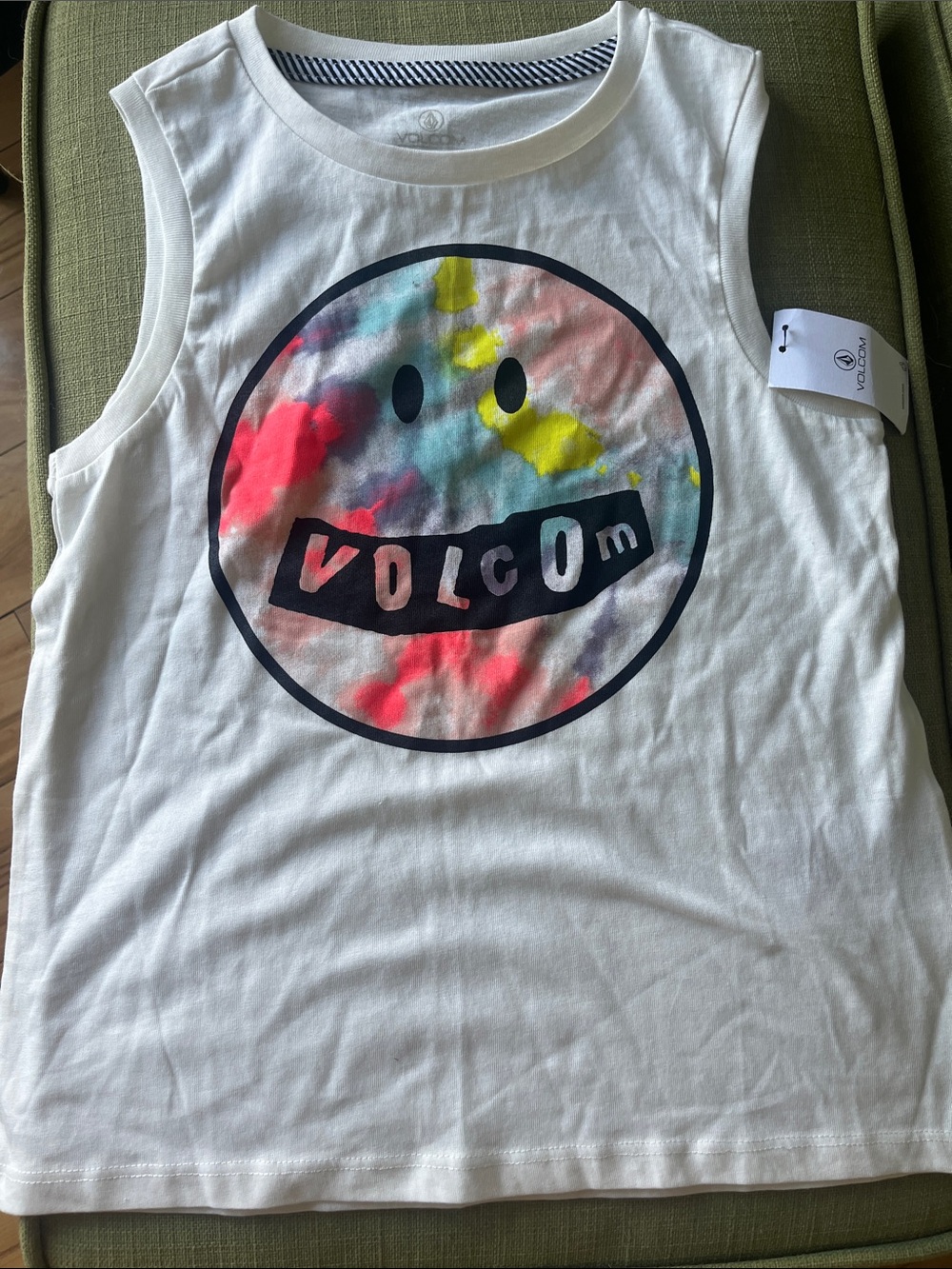 Volcom White Tank Top with Multicolor Tie-Dye Smiley